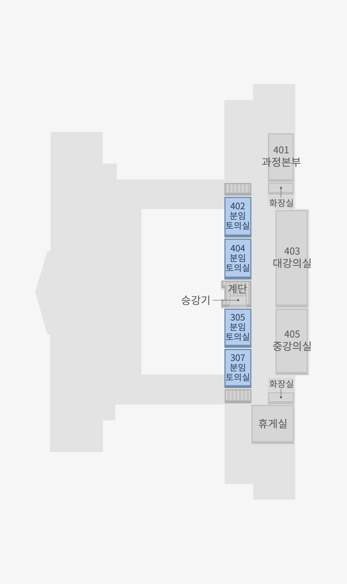 402호, 404호, 406호, 407호 분임토의실은 본관동 4층에 위치해 있습니다.